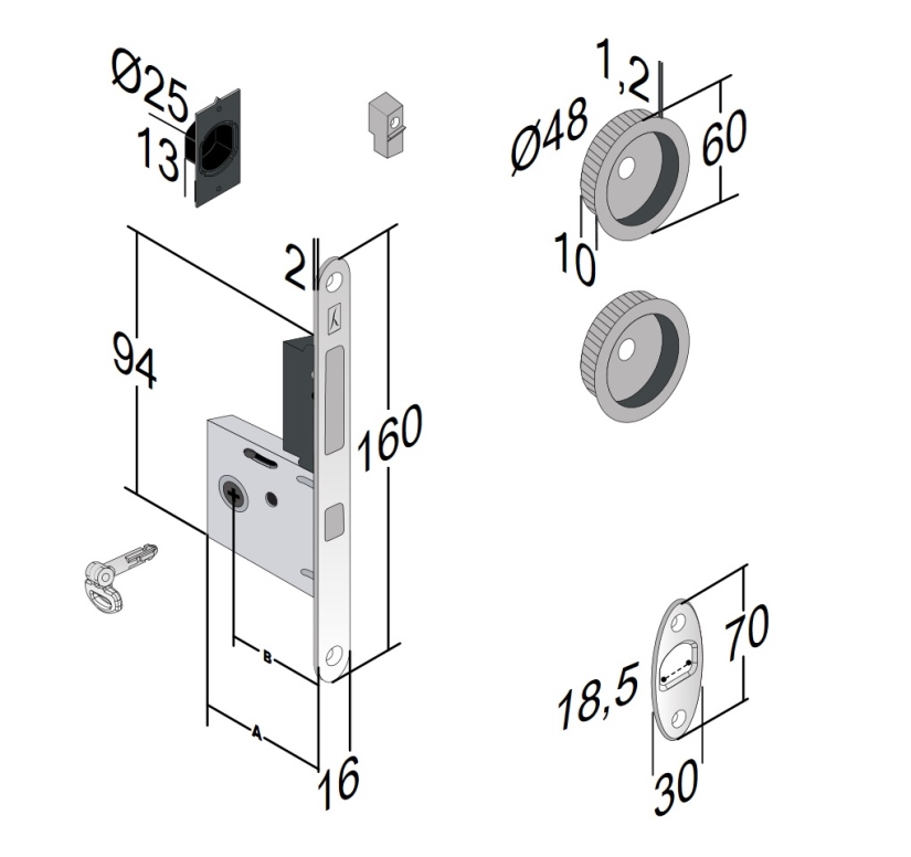קיט מנעול הזזה צילינדר עם ידית עגולה כרום מט וידית משיכה
