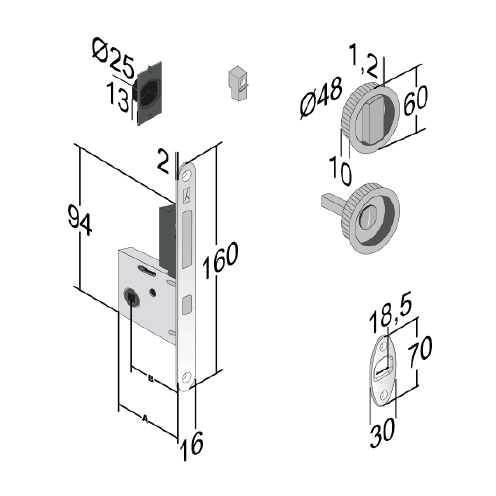 מנעול הזזה + ידית עגולה כרום מט + ידית משיכה אינטגרלית