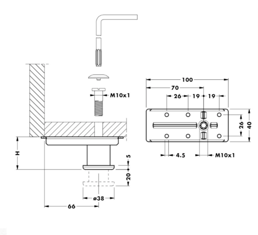 רגלית כוונון מתכתית עם הרחקה גובה 100ממ