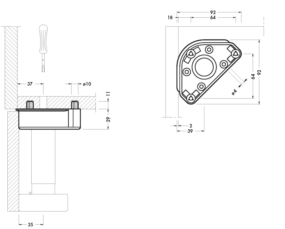 בסיס לרגל 70 ממ דגם 470 עם 3 קדחים 10 ממ דיבל