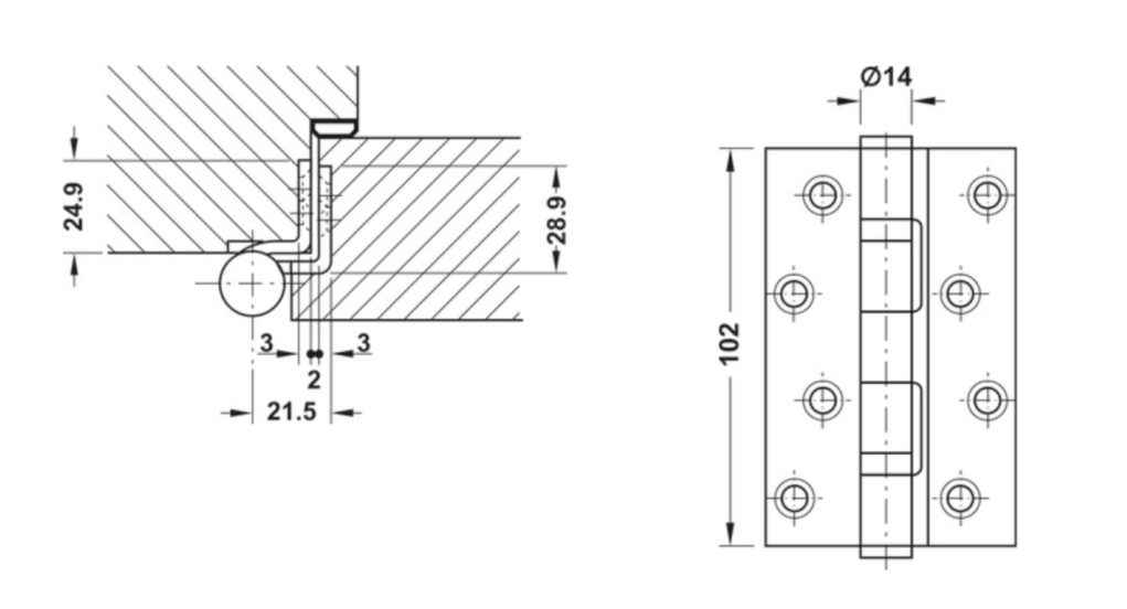 ציר ספר נירוסטה מכופף לדלתות ממ"ד 102ממ