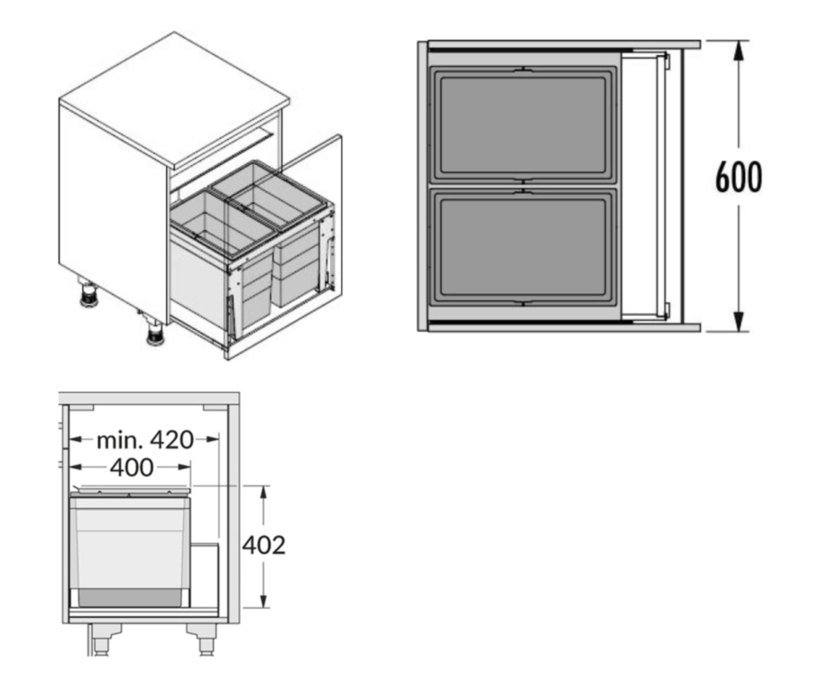 פח קרגו לחזית 60סמ 2X28L אפור כהה 56L עומק 420ממ