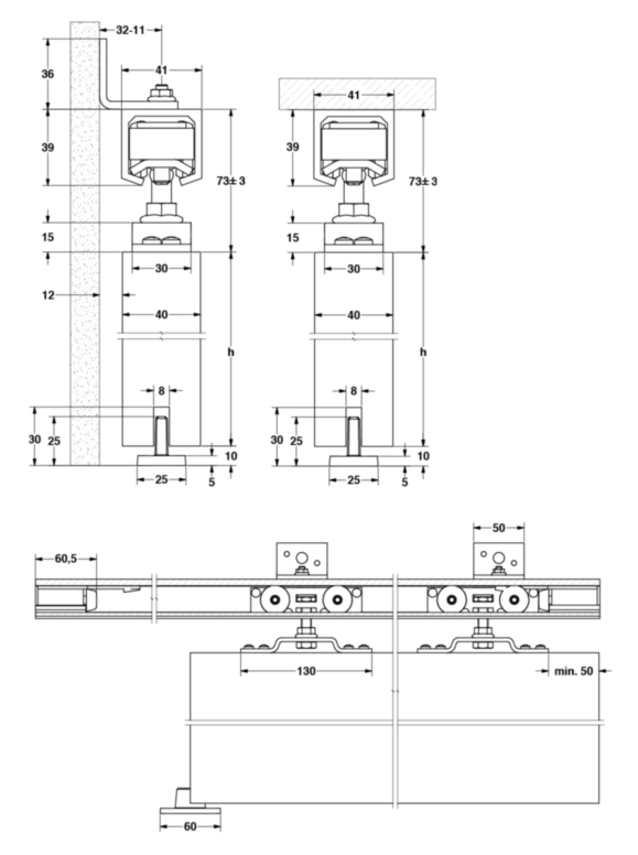 סט גלגלים ופרזול לדלת הזזה עד 135קג