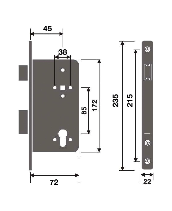 מנעול 45 רול חזית נירוסטה מעוגל