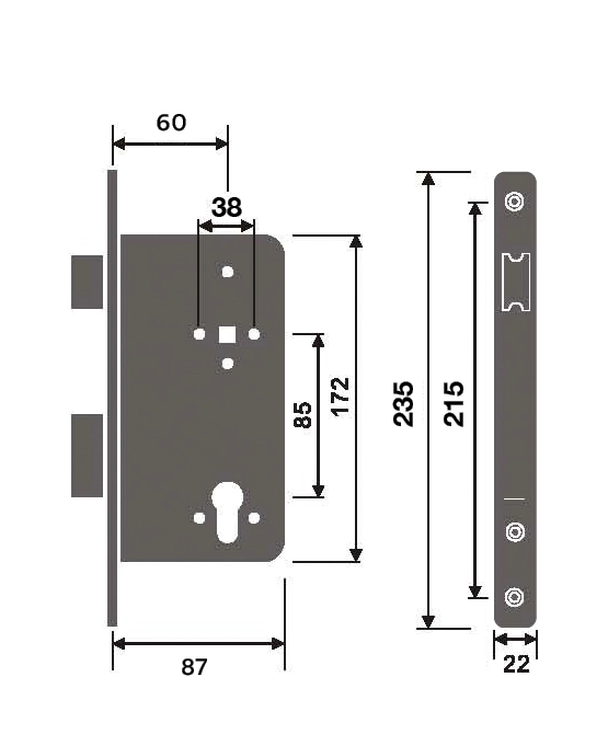 מנעול חבוי 85X60ממ צילינדר חזית נירוסטה מעוגל
