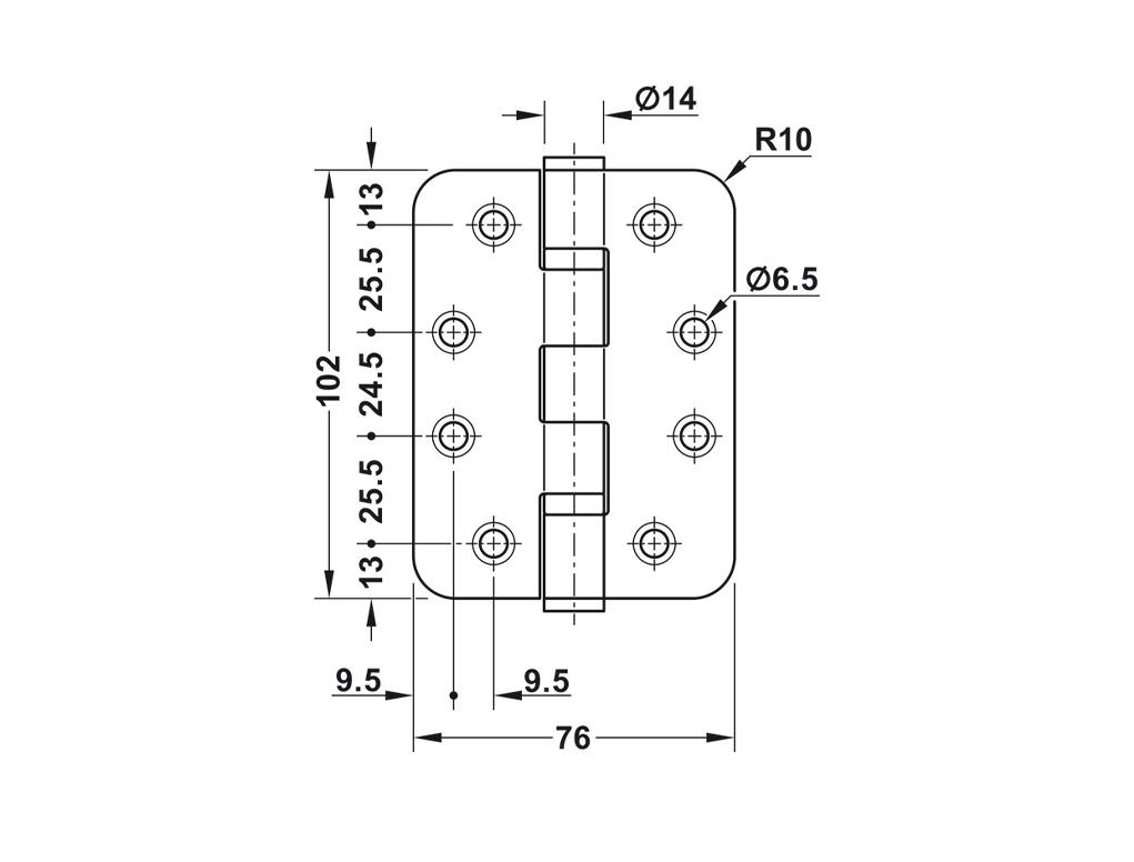 זוג ציר לדלתות פנים עד 120קג שחור מט PVD מעוגל 102X76X3ממ