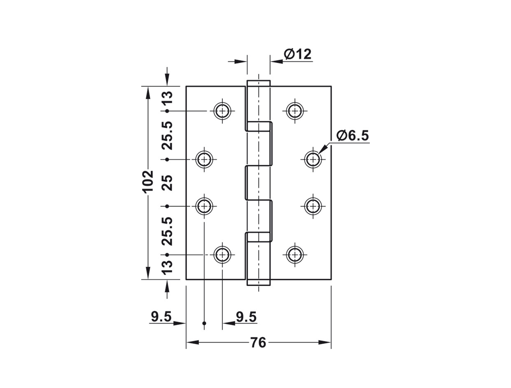 זוג ציר לדלתות פנים עד 120קג שחור מט PVD מרובע 102X76X3ממ